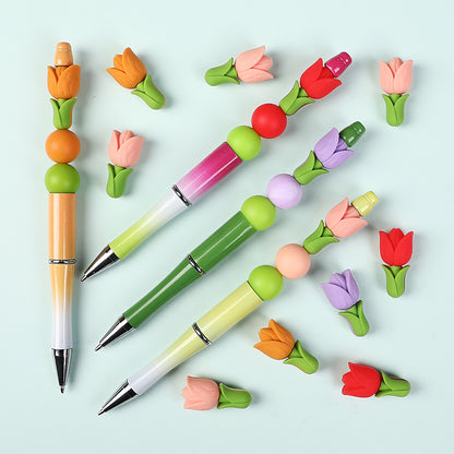 20Pcs Silicone 3D Focal Beads Tulip Flower with Green Leaves 6