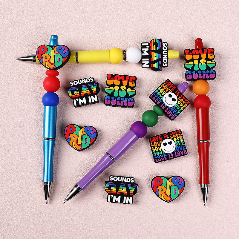 20pcs Silicone Focal Beads Rainbow Pride Theme Colored Heart and Letters 8