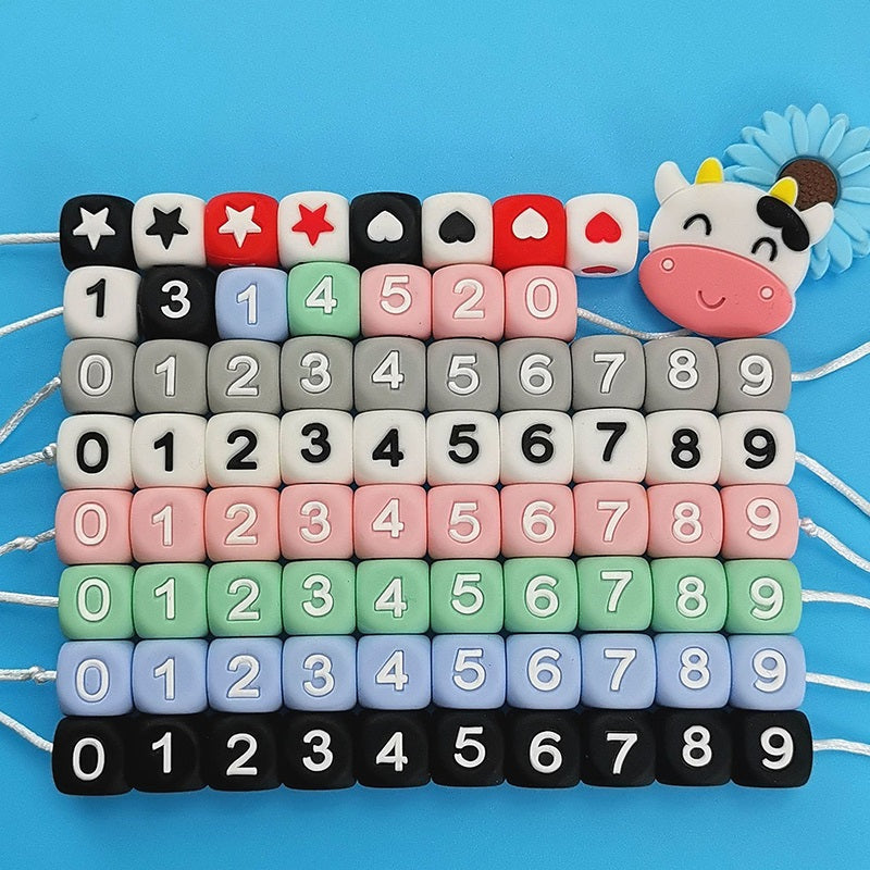 20pcs 12mm Number Cube Silicone Beads Square Shape Printed Design 2