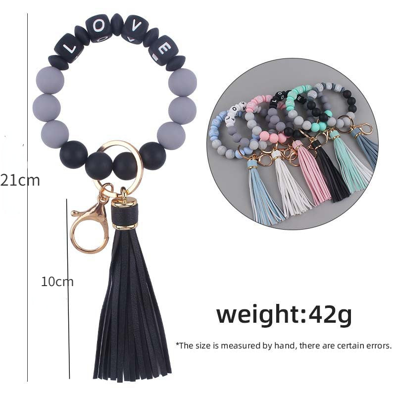 Letter LOVE Silicone Bead Wristlet Keychain PU Leather Tassel 5