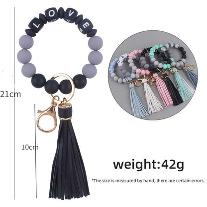 Letter LOVE Silicone Bead Wristlet Keychain PU Leather Tassel 5