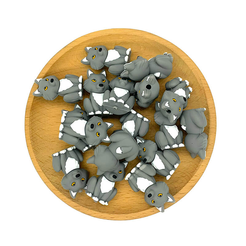 Silicone 3D Focal Beads Grey Wolf Sitting Pose 2