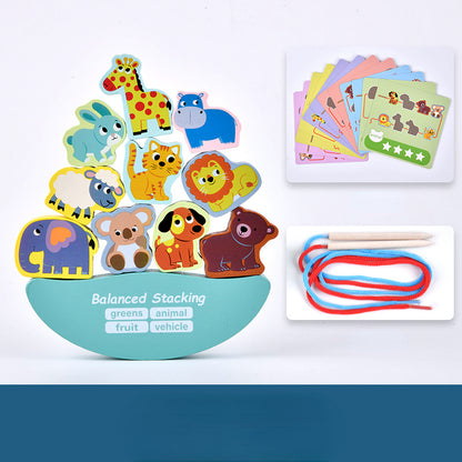 Wooden Building Blocks Animal Vegetable Fruit Balance Stacking Toy 6
