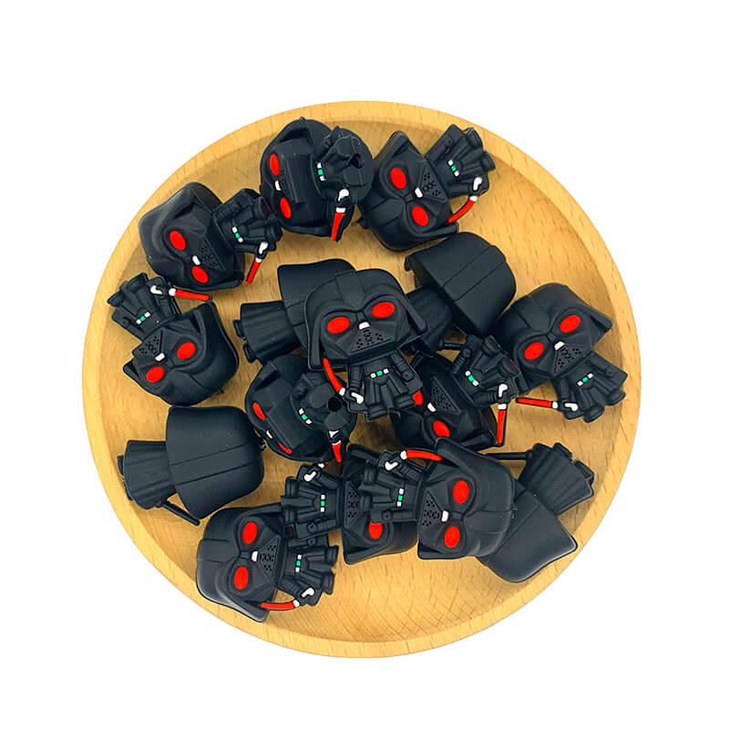 Silicone 3D Focal Beads Black Helmeted Figure Holding Red Light Stick 2