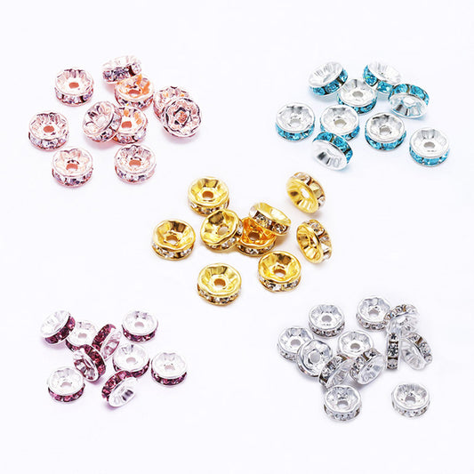 50pcs 8mm Rhinestone Spacer Beads Flat Silver Gold Rose Gold Black Gun