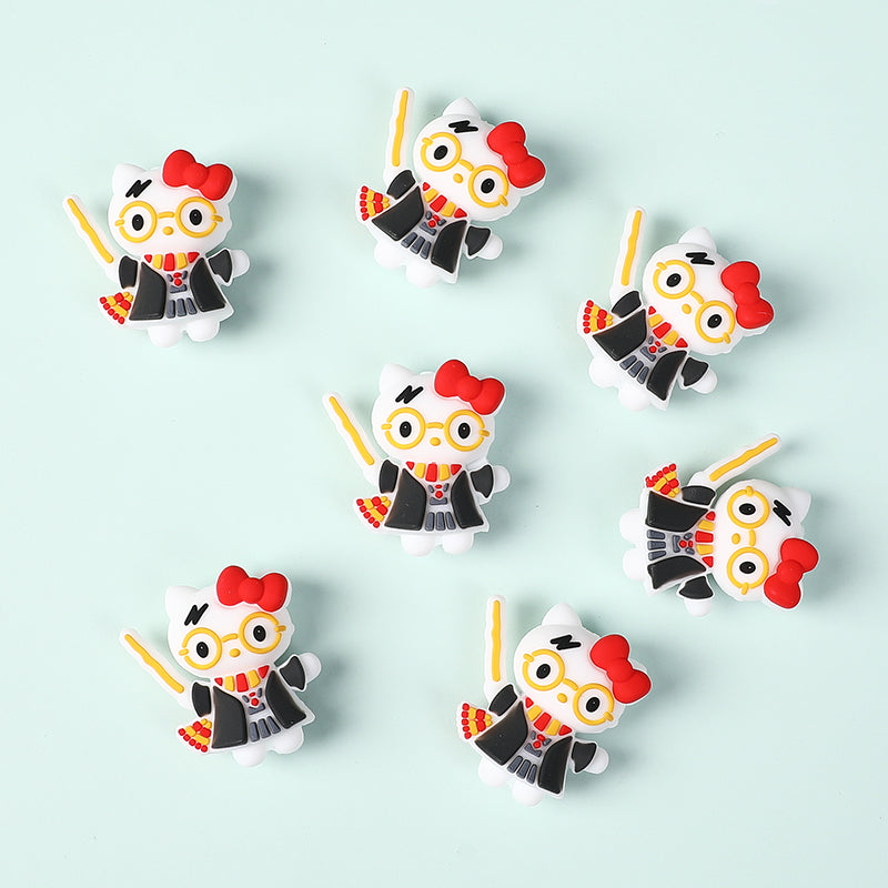 20Pcs Silicone 3D Focal Beads White Cat Wearing Glasses with Red Bow 3