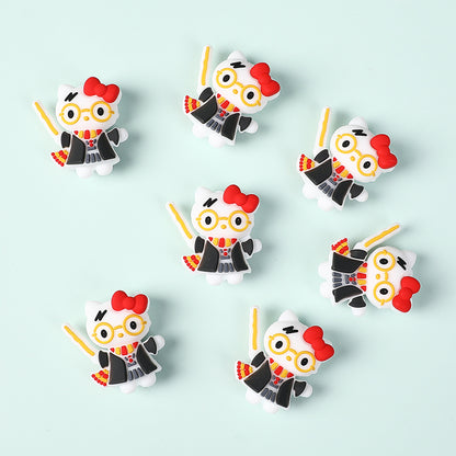20Pcs Silicone 3D Focal Beads White Cat Wearing Glasses with Red Bow 3