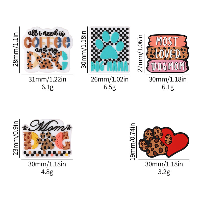Silicone Focal Beads Leopard Dog Mom Series with Text and Paw Prints 10