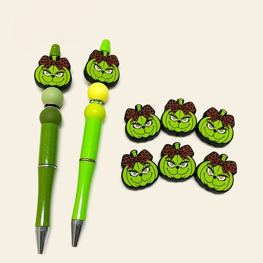 20Pcs Silicone Focal Beads Green Pumpkin Wearing Bow