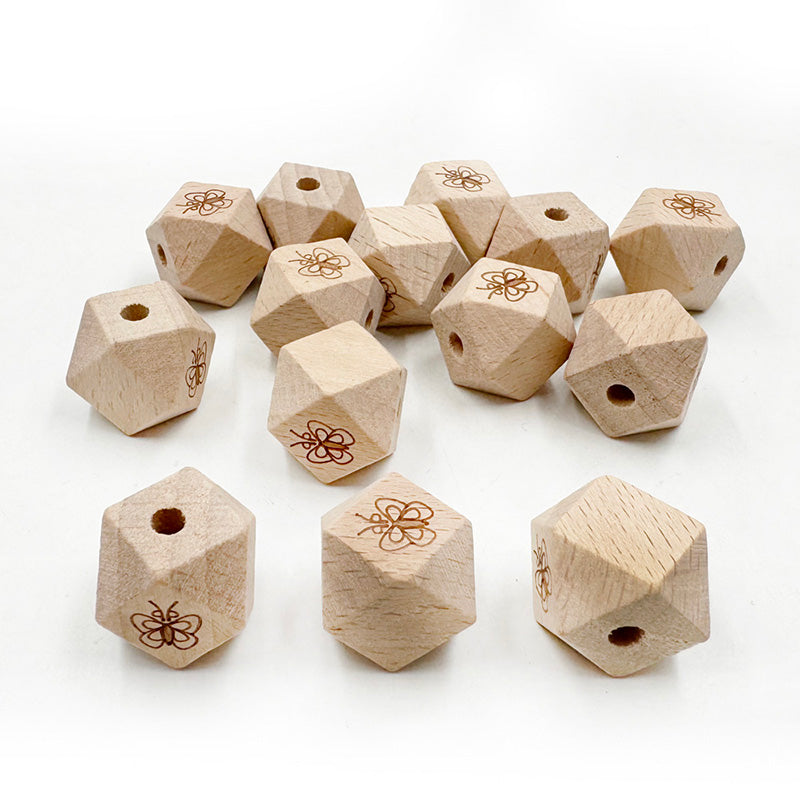 16mm Beech Octagonal Wooden Beads Engraved Butterfly