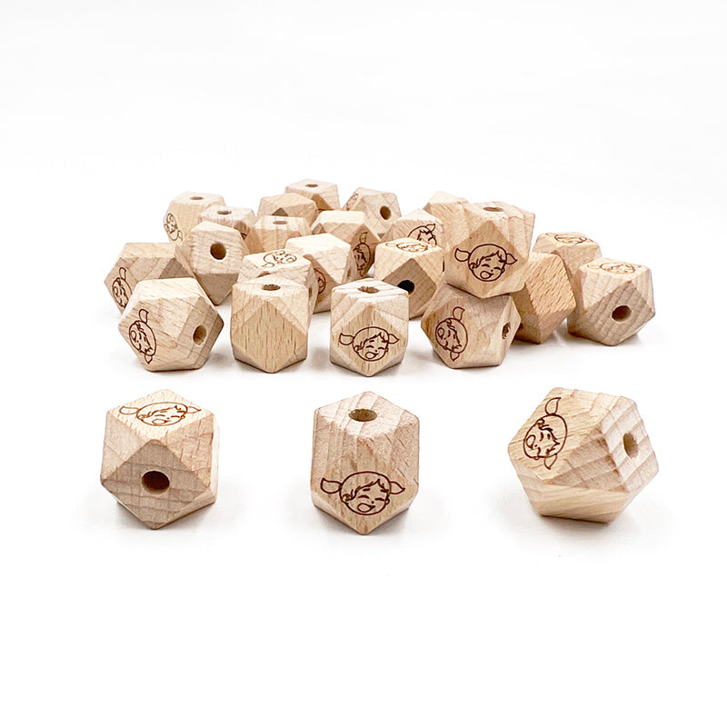 16mm Beech Octagonal Wooden Beads Engraved Girl