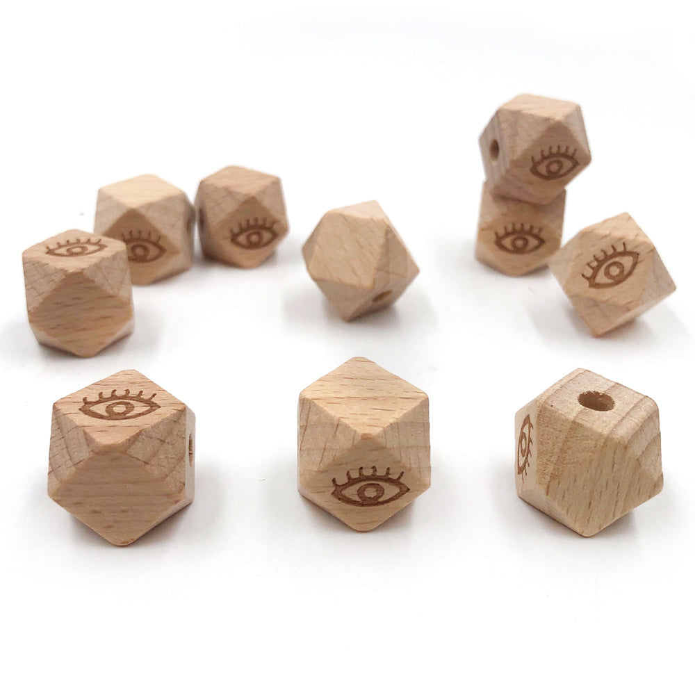 50pcs 16mm Engraved Octagonal Wooden Beads Double Sides Carved DIY Craft