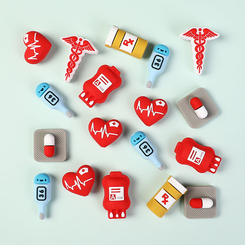 20PCs Silicone 3D Focal Beads Nurse Medical Supplies Heart and Thermometer 2