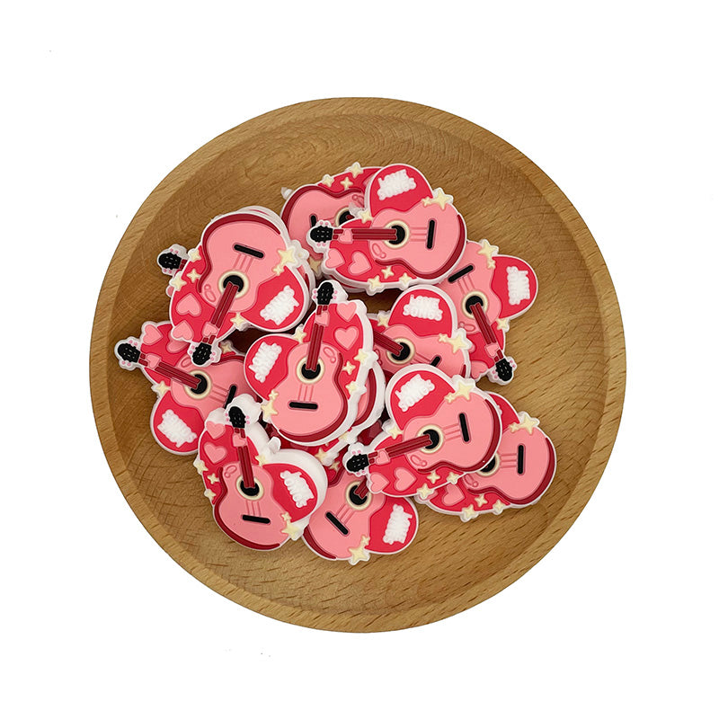 20pcs Silicone Focal Beads Pink Guitar with Hearts and Stars 2