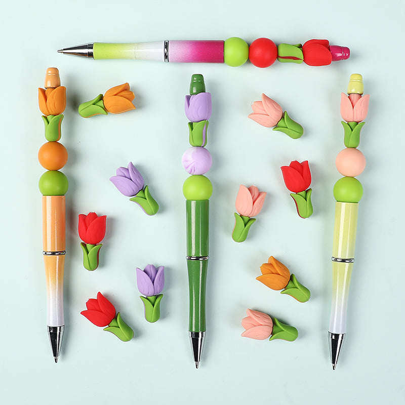 20Pcs Silicone 3D Focal Beads Tulip Flower with Green Leaves 7