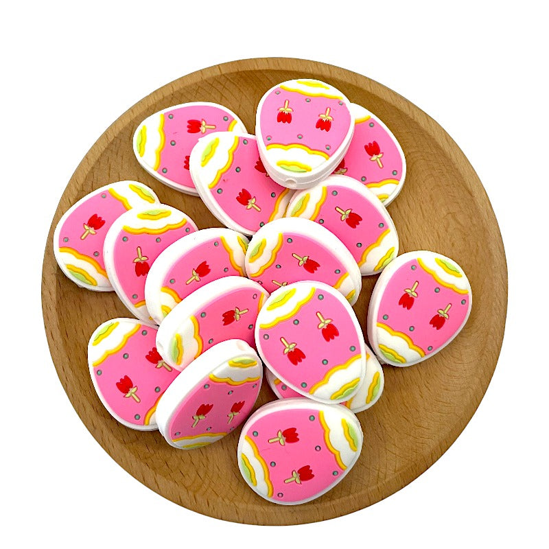 20pcs Silicone Focal Beads Easter Pink Egg Floral Pattern 2
