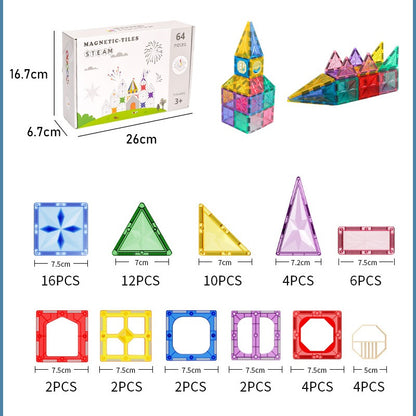 ABS Magnetic Tiles Building Blocks Educational STEM Toy 64 Pieces