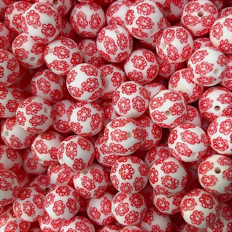 50pcs 15mm Smile Flower Print Silicone Beads Red Design