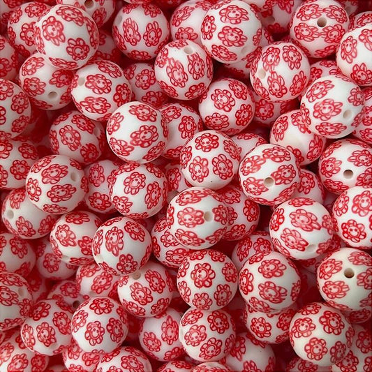 50pcs 15mm Smile Flower Print Silicone Beads Red Design