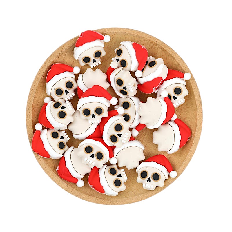 20Pcs Silicone 3D Focal Beads Christmas Skull Wearing Santa Hat 3