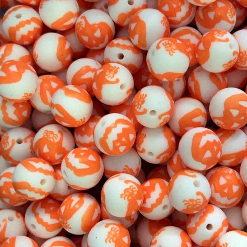 50pcs 15mm Orange Pumpkin Print Silicone Beads Halloween Theme