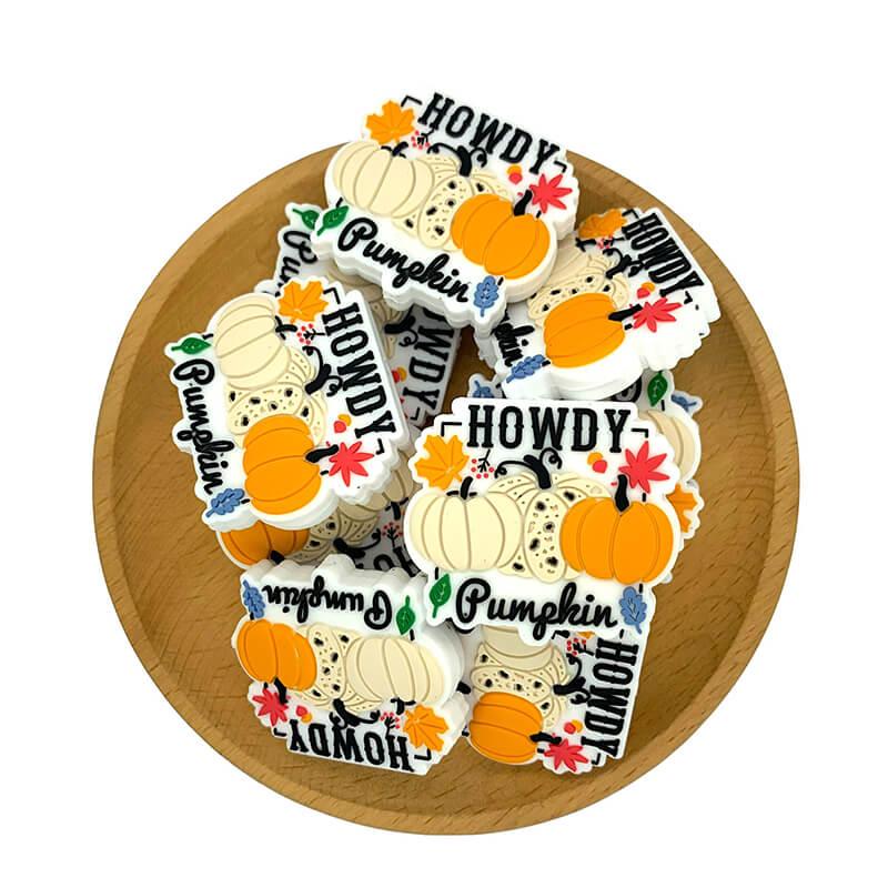 Silicone Focal Beads Autumn Pumpkin Howdy Printed Text 2