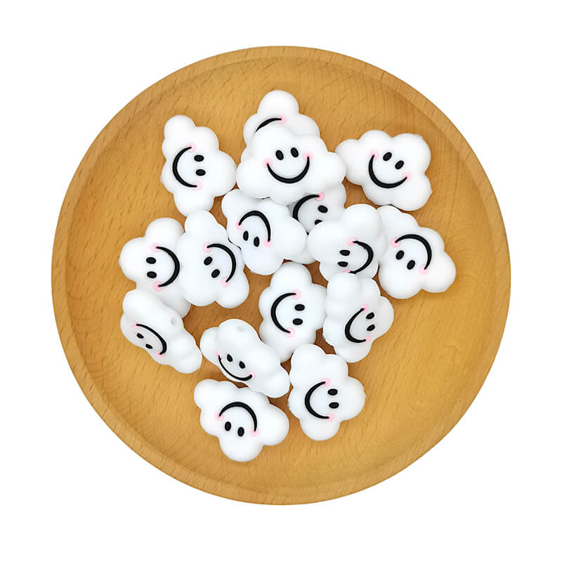 Silicone Focal Beads White Smiling Cloud Face Design 2