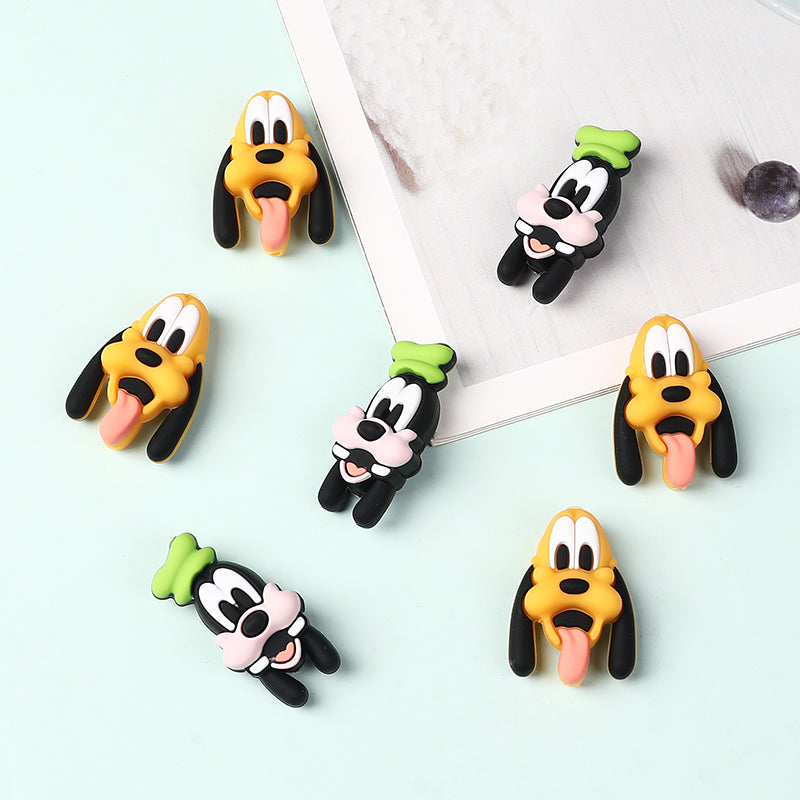 20Pcs Silicone 3D Focal Beads Black Dog Character Wearing Green Hat and Yellow Dog Character Tongue Out 4