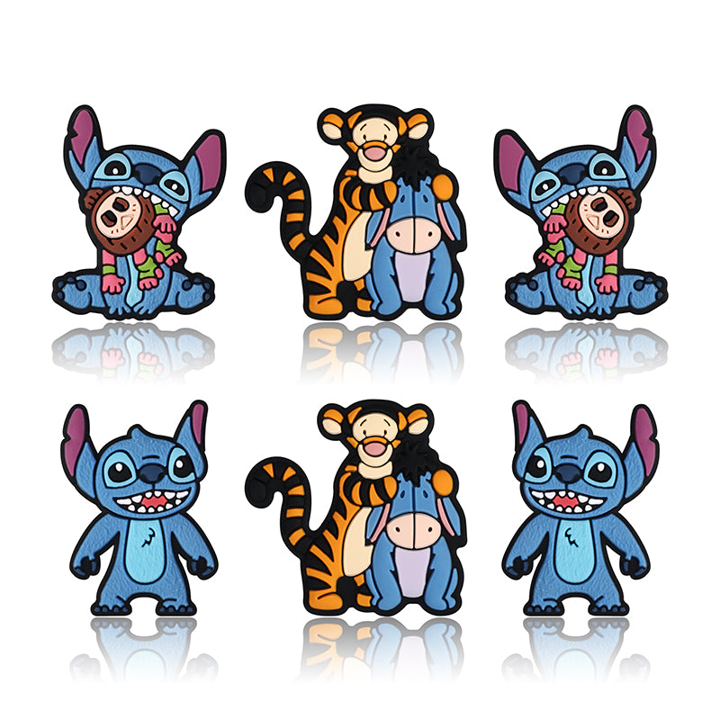 20Pcs Silicone Focal Beads Blue Alien Character Large Ears Sitting Pose and Blue Donkey with Tiger Companion 2