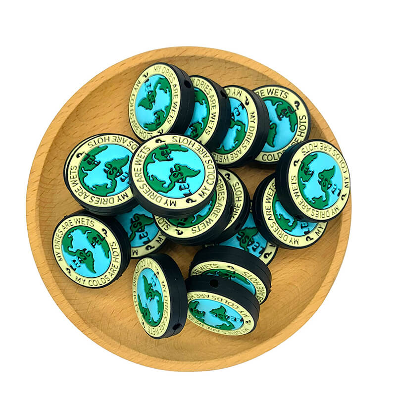 Silicone Focal Beads Globe Earth with Text Design 2