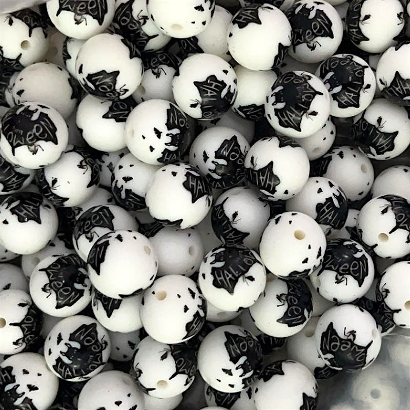 50pcs 15mm Halloween Silicone Beads Black Bat Print