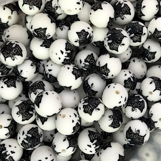 50pcs 15mm Halloween Silicone Beads Black Bat Print