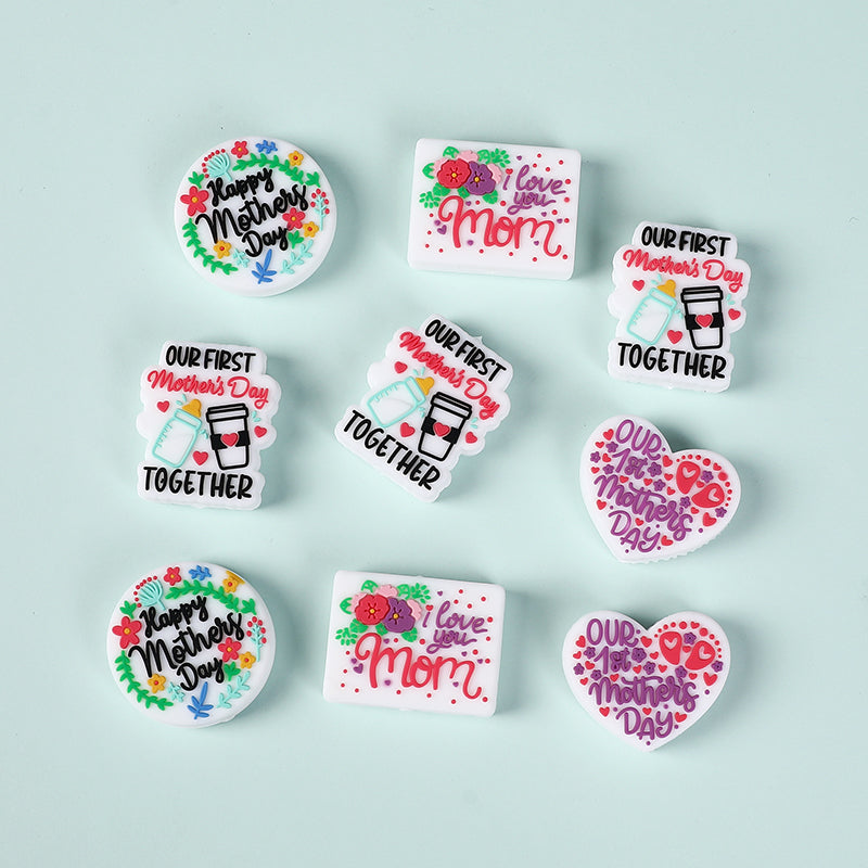 Silicone Focal Beads Mothers Day Floral Text Designs