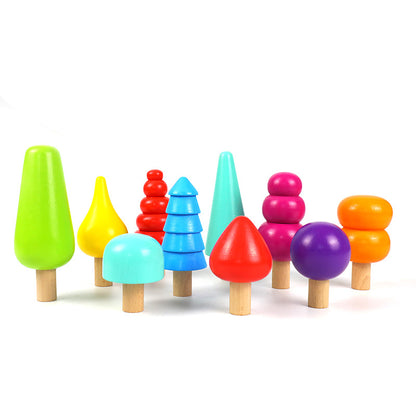 Wooden Building Blocks Rainbow and Natural Color Small Tree Shapes