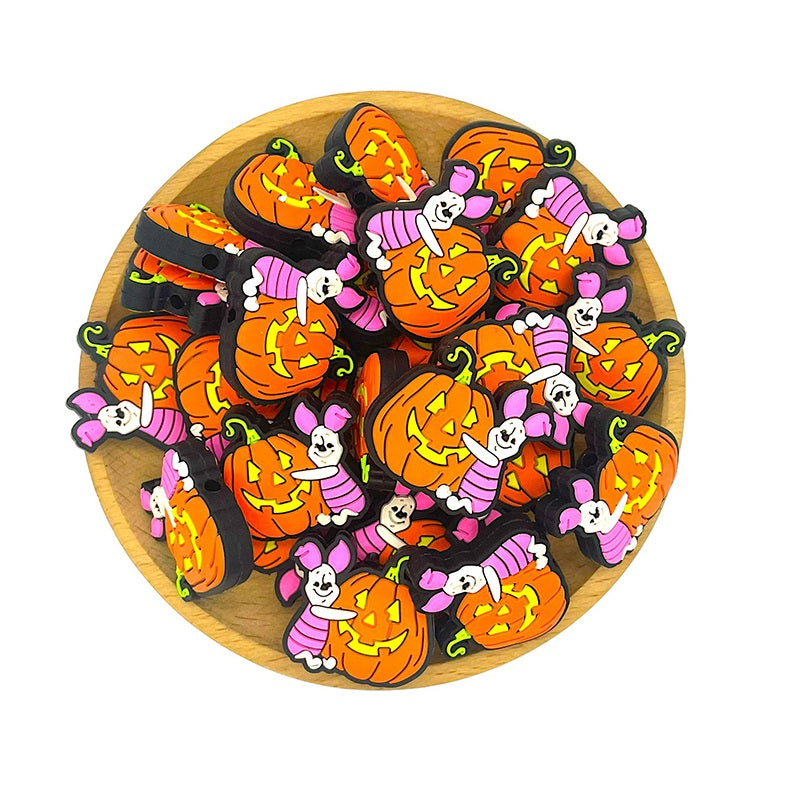 20pcs Silicone Focal Beads Pink Piglet with Pumpkin Halloween Design 2