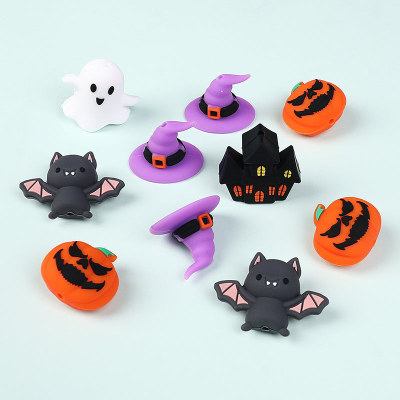 20Pcs Silicone 3D Focal Beads Halloween Theme Bat Ghost Haunted House 3