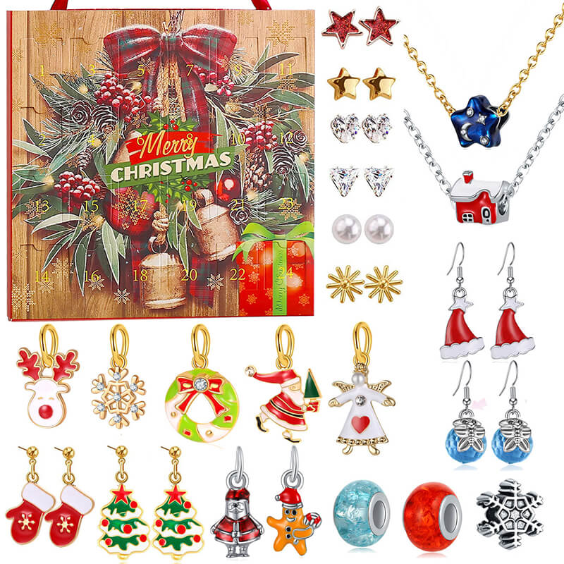 Christmas Jewelry Advent Calendar with 2 Necklaces and Pendants 24pcs
