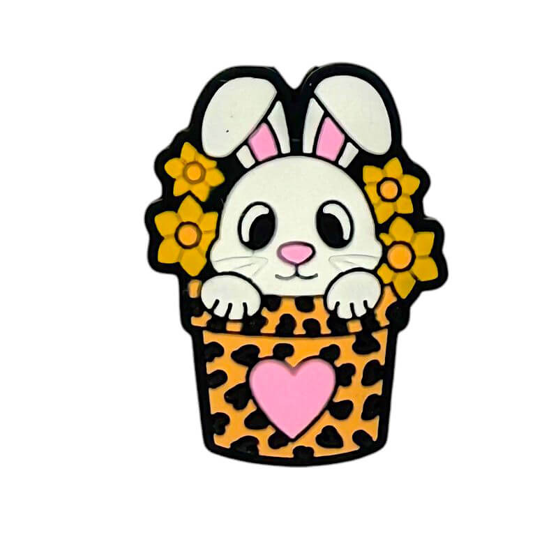 Silicone Focal Beads Easter Bunny in Leopard Print Pot with Flowers