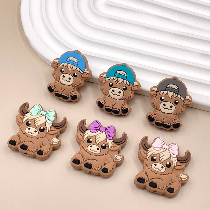 20pcs Silicone Focal Beads Bady Highland Cow Girl and Boy With Hats 2