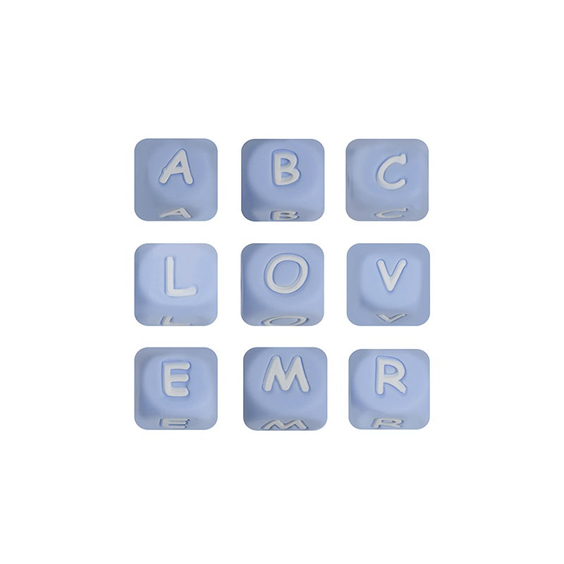 20pcs 12mm Blue Silicone Letter Beads White Letters