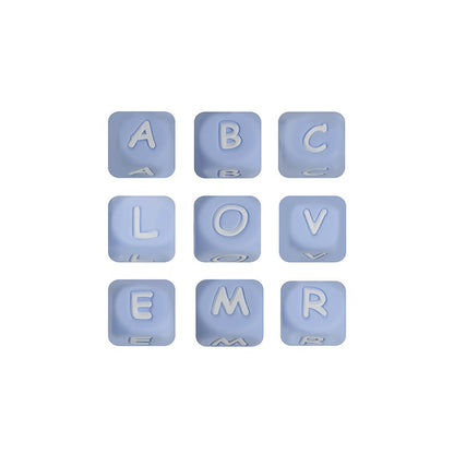 20pcs 12mm Blue Silicone Letter Beads White Letters