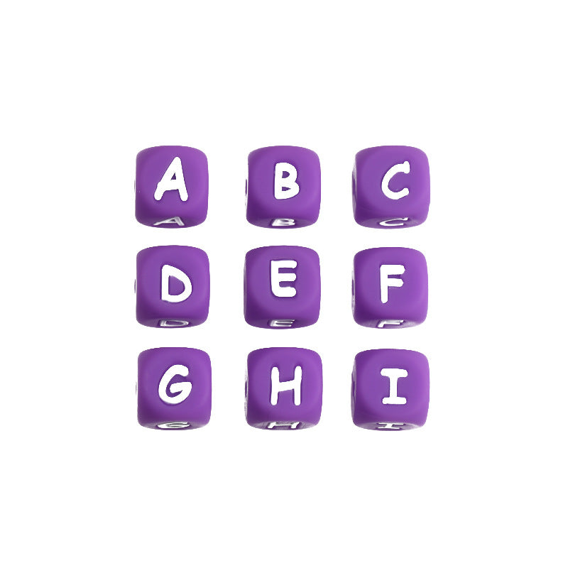 20pcs 12mm Purple Silicone Letter Beads White Letter Print