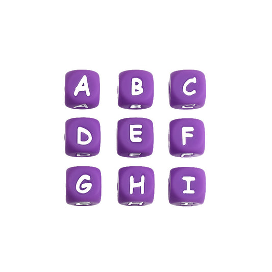 20pcs 12mm Purple Silicone Letter Beads White Letter Print