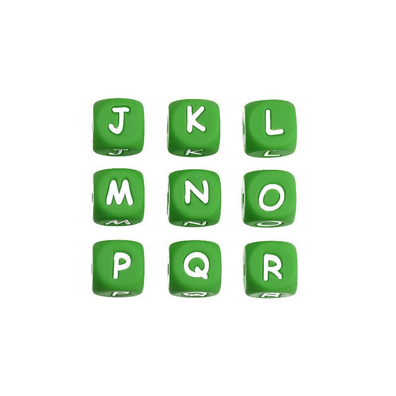 20pcs 12mm Silicone Letter Beads Green with White Letters