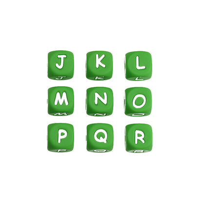 20pcs 12mm Silicone Letter Beads Green with White Letters