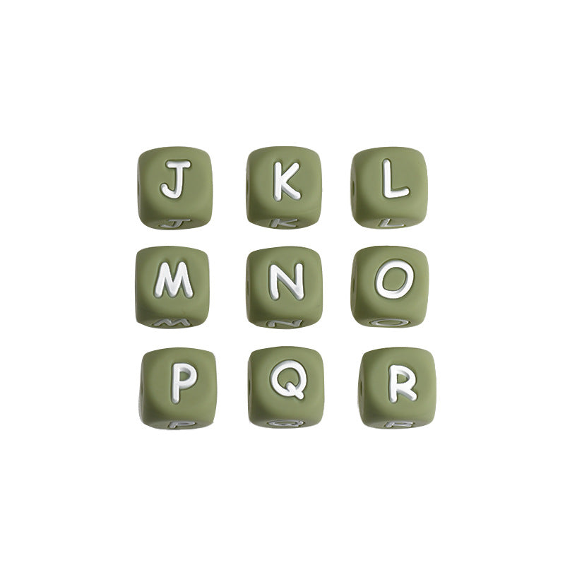 20pcs 12mm Jasmine-green Silicone Letter Beads White Letters