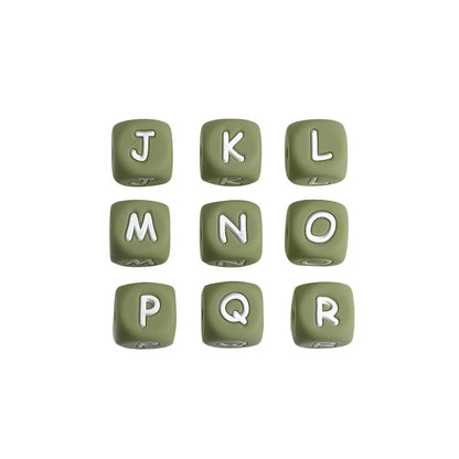 20pcs 12mm Jasmine-green Silicone Letter Beads White Letters