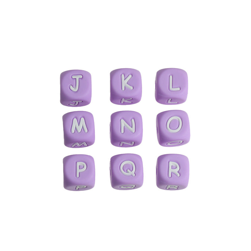 20pcs 12mm Light Purple Silicone Letter Beads White Letters