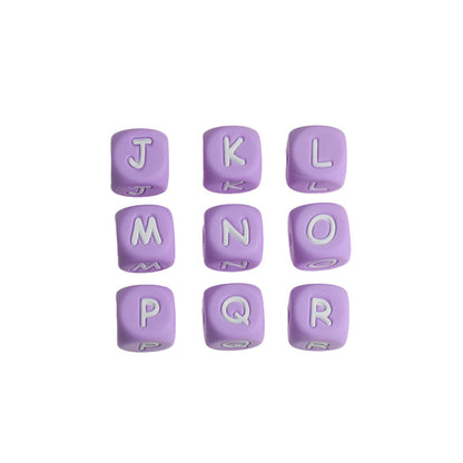20pcs 12mm Light Purple Silicone Letter Beads White Letters