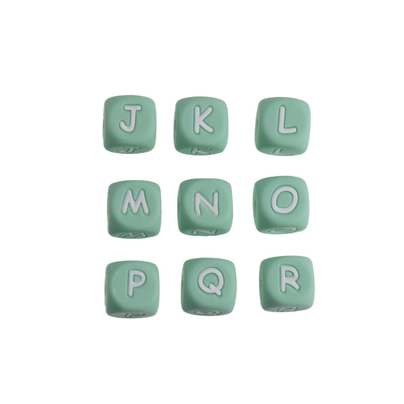 20pcs 12mm Mint-green Silicone Letter Beads White Letters